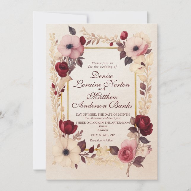 Elegante Burgundy Gold Floral Wedding Einladung (Vorderseite)