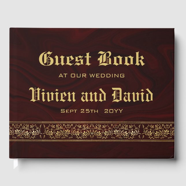 Elegante Burgundy Gold Floral Wedding Gästebuch (Vorderseite)