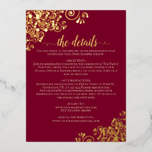 Elegante Burgundy & Gold Foil Wedding Details Card Folie Einladungspostkarte