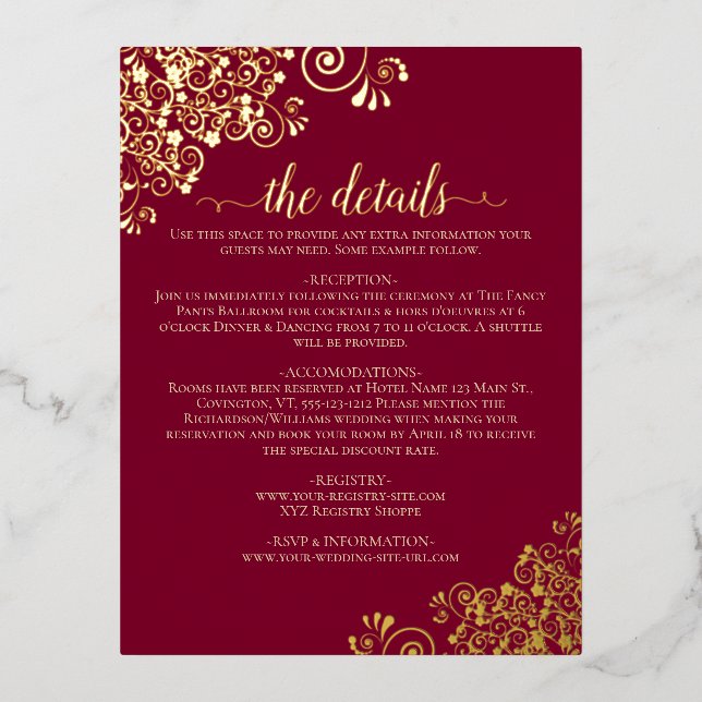 Elegante Burgundy & Gold Foil Wedding Details Card Folie Einladungspostkarte (Vorderseite)