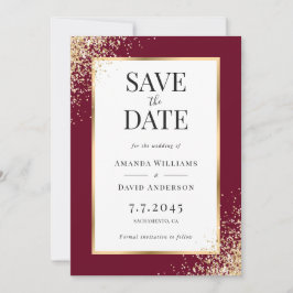 Elegante Burgundy Gold Frame Confetti Wedding Save The Date
