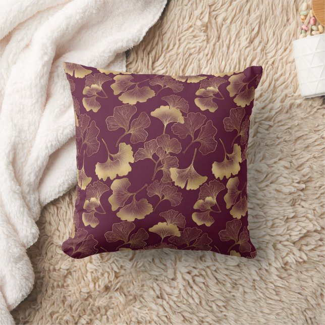 Elegante Burgundy Gold Ginko Blätter Kissen (Decke)