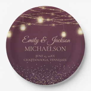 Elegante Burgundy Gold Glitzer String Light Weddin Pappteller