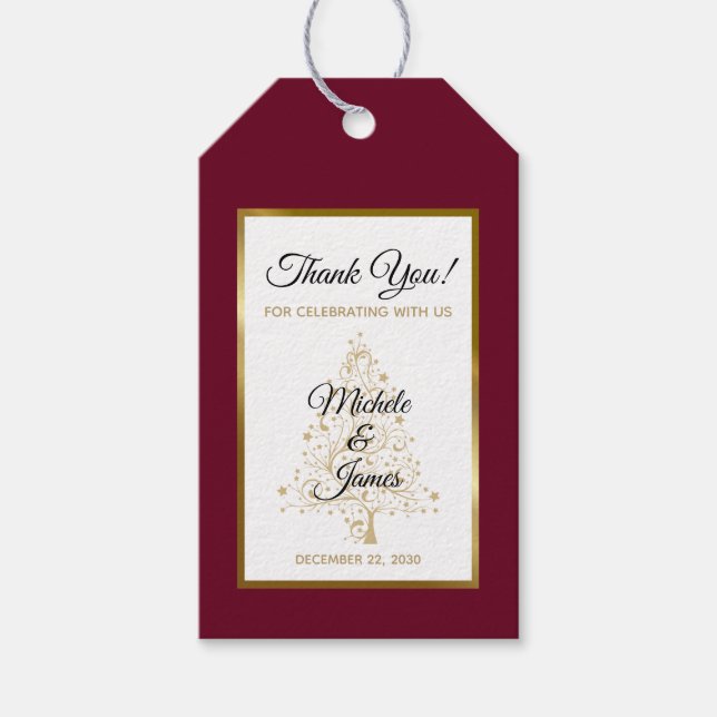 Elegante Burgundy Gold Holiday Winter Wedding Geschenkanhänger (Vorderseite)