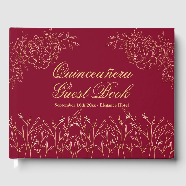 Elegante Burgundy Gold Kontur Quinceanera Gästebuch (Vorderseite)