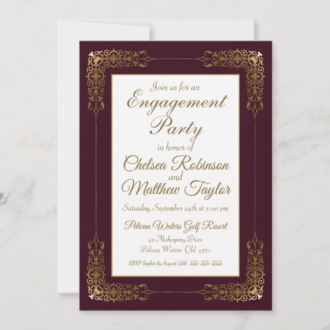 Elegante Burgundy Gold Lace Frame Engagement Party Einladung (Vorderseite)