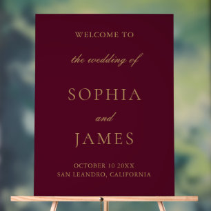 Elegante Burgundy Gold Minimalistisch Wedding Acrylschild