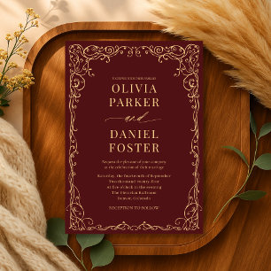 Elegante Burgundy Gold Minimalistisch Wedding Einladung