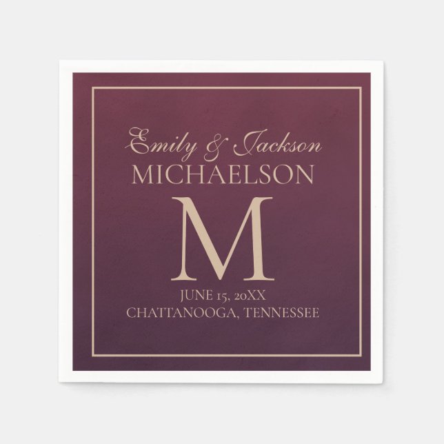 Elegante Burgundy Gold Monogram Wedding Serviette (Vorderseite)