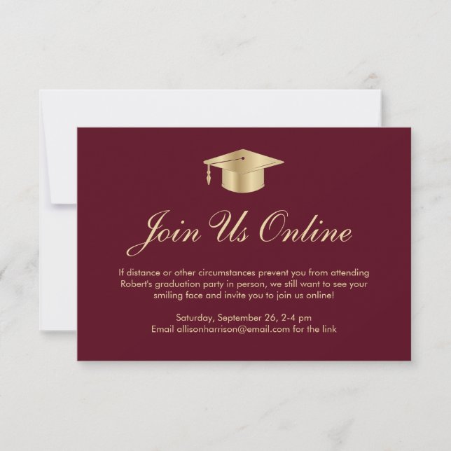 Elegante Burgundy Gold Online Graduation Party Einladung (Vorderseite)
