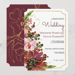 Elegante Burgundy Gold Pink Coral Floral Wedding Einladung