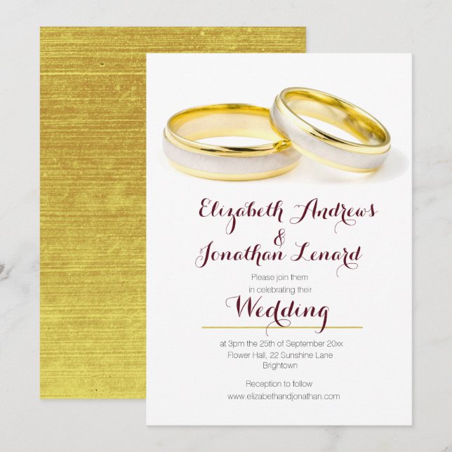 Elegante Burgundy Gold Rings Wedding Einladung (Vorne/Hinten)