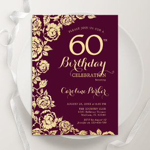 Elegante Burgundy Gold Rose 60. Geburtstag Einladung