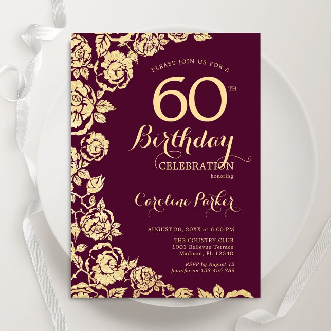 Elegante Burgundy Gold Rose 60. Geburtstag Einladung (Von Creator hochgeladen)