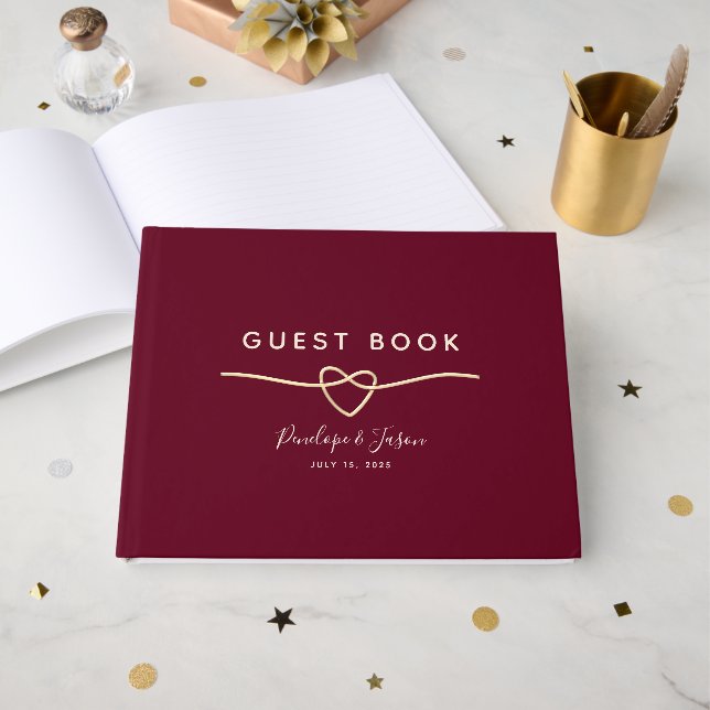 Elegante Burgundy Gold Script Wedding Gästebuch (Vorderseite Offen)