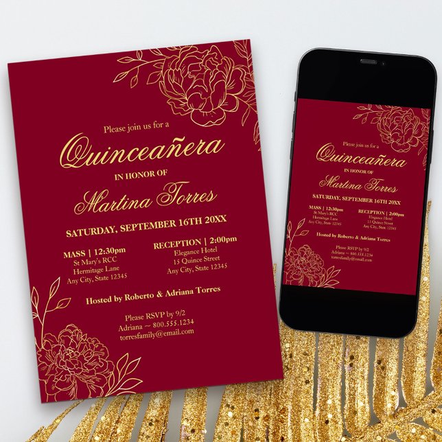 Elegante Burgundy Gold Sketch Blumengestein Quince Einladung (Red and Gold Quinceanera Invitation with church ceremony, from my Gold Sketched Floral collection
)