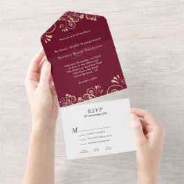 Elegante Burgundy Gold Swirl Wedding All In One Einladung