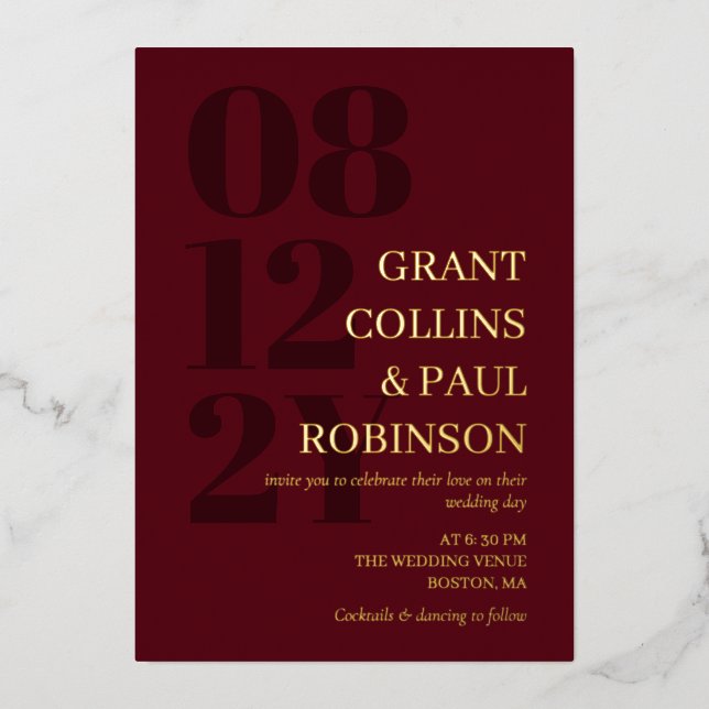 Elegante Burgundy & Gold Typografie Folieneinladung (Vorderseite)