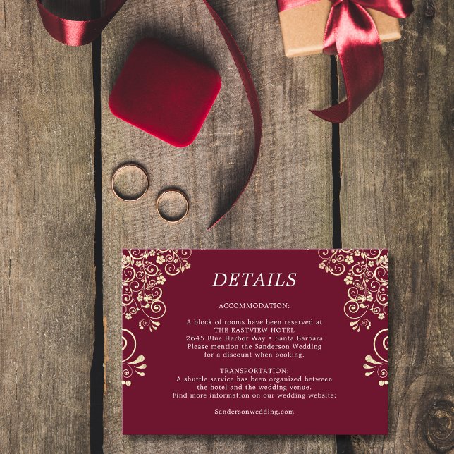 Elegante Burgundy Gold Wedding Details Begleitkarte (Von Creator hochgeladen)