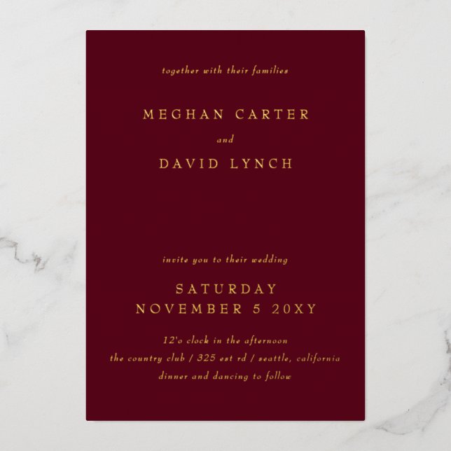 Elegante Burgundy Gold Wedding Foil Einladung (Vorderseite)