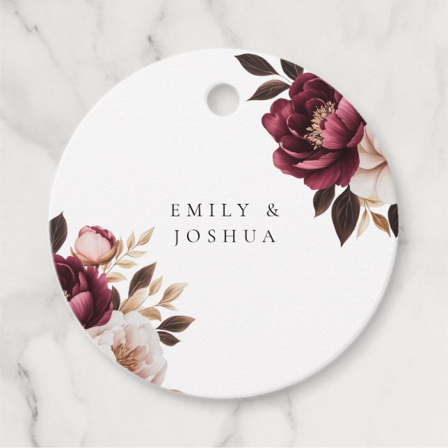 Elegante Burgundy Gold Wedding Geschenkanhänger (Vorderseite)