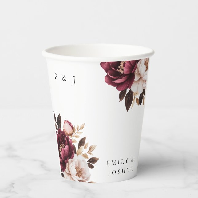 Elegante Burgundy Gold Wedding Pappbecher (Vorderseite)