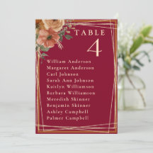 Elegante Burgundy Gold Wedding Table Card