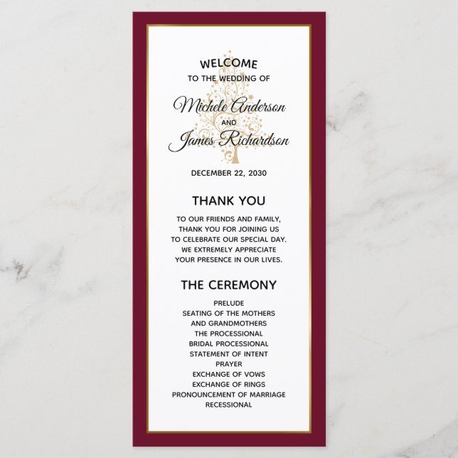 Elegante Burgundy Gold Winter Holiday Wedding Programm (Vorderseite)