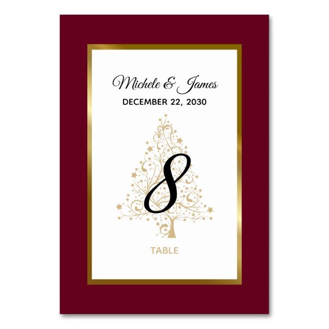 Elegante Burgundy Gold Winter Holiday Wedding Tischnummer (Vorderseite)