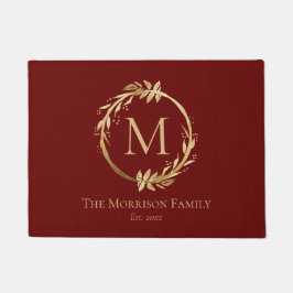 Elegante Burgundy Gold Wreath Family Name Monogram Fußmatte