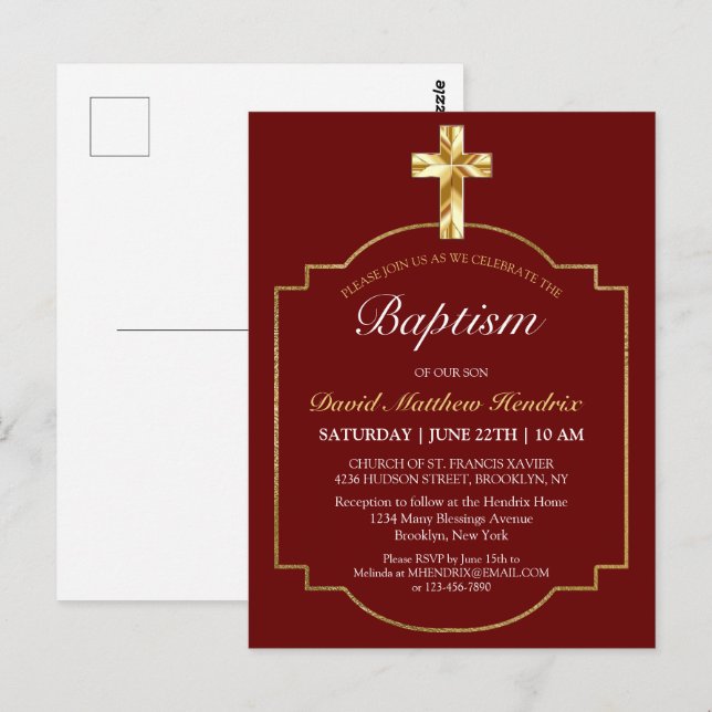 Elegante Burgundy Golden Cross Boys Taufe Invita Postkarte (Vorne/Hinten)