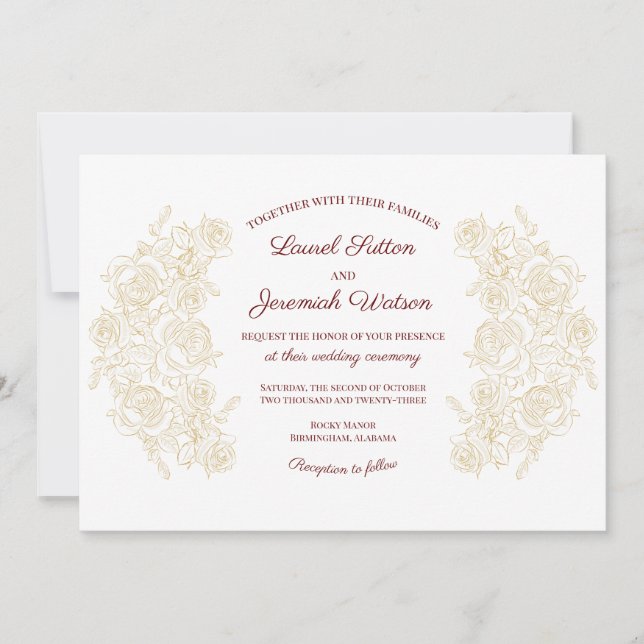 Elegante Burgundy & Golden Rose Hochzeit Einladung (Vorderseite)