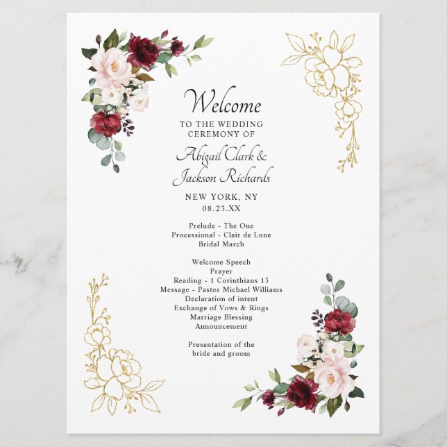 Elegante Burgundy Goldene Foil Bloral Wedding Zere Programm (Vorderseite)