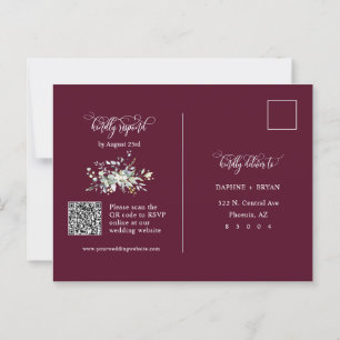 Elegante Burgundy Green Blätter QR Code Address UA Postkarte