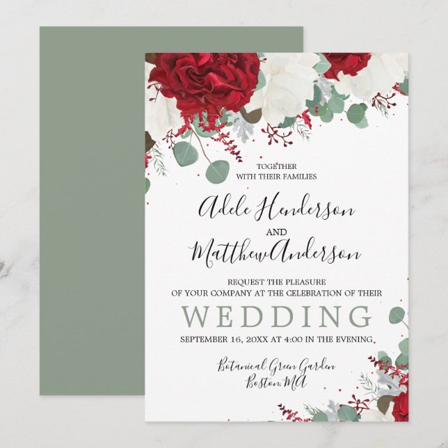 Elegante Burgundy Green Floral Wedding Einladung (Vorne/Hinten)