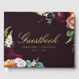 Elegante Burgundy Herbst Floral Gold Script Hochze Gästebuch