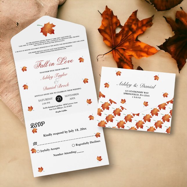 Elegante Burgundy Herbstlaubs Herbstblütenhochzeit All In One Einladung (Von Creator hochgeladen)