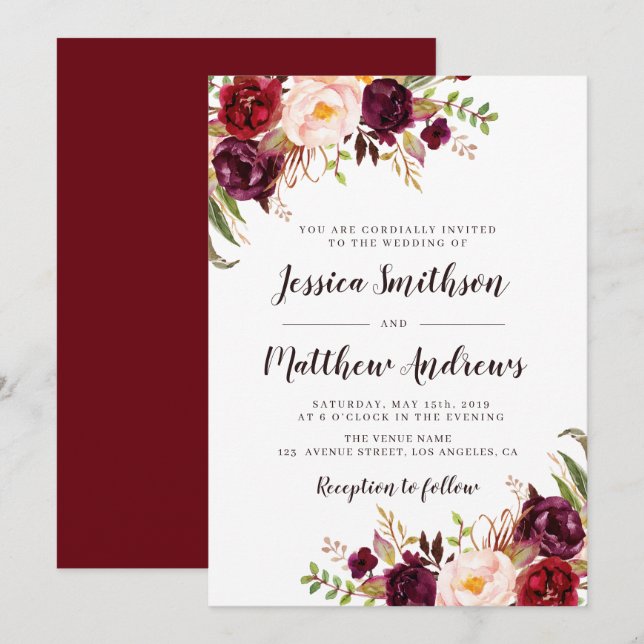 Elegante burgundy-Hochzeit Einladung (Vorne/Hinten)