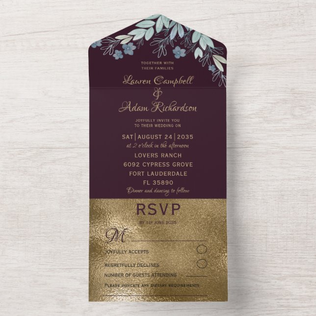 Elegante Burgundy & Imitate Gold Wedding All In One Einladung (Innen Boden)