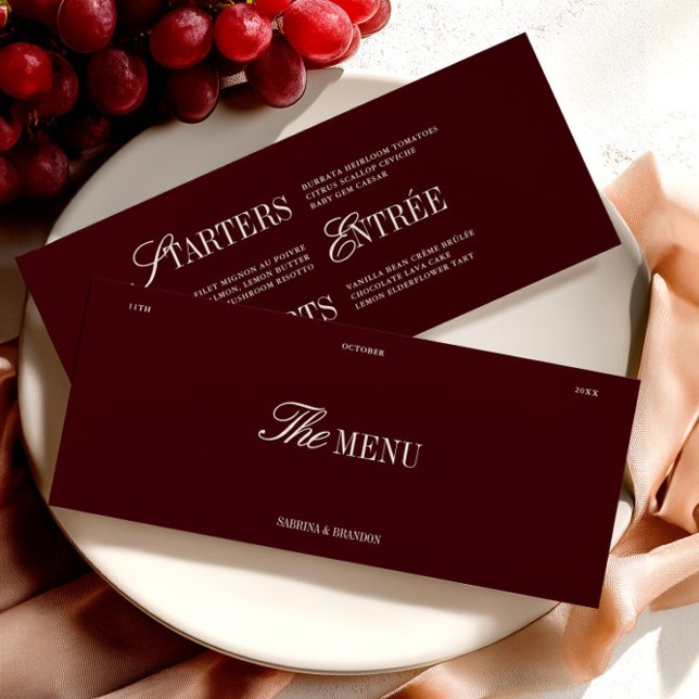 Elegante Burgundy & Ivory Wedding Dinner Karte (Elegant Burgundy & Ivory Wedding Dinner Menu Card)