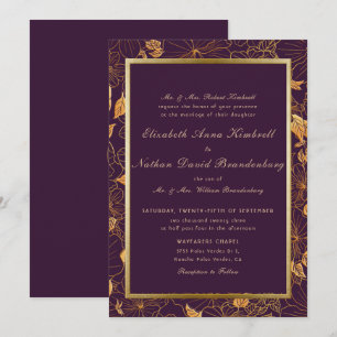 Elegante Burgundy Lila Gold Floral Wedding Einladung