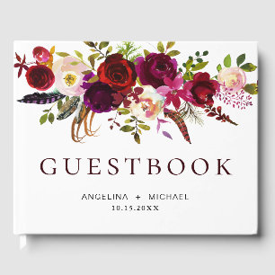 Elegante Burgundy Marsala Bohemische Blumenhochzei Gästebuch
