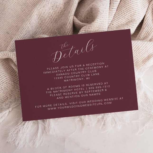 Elegante Burgundy Moderne Kalligraphie Hochzeit Begleitkarte (Von Creator hochgeladen)