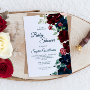 Elegante Burgundy & Navy Blue Flowers Babydusche Einladung