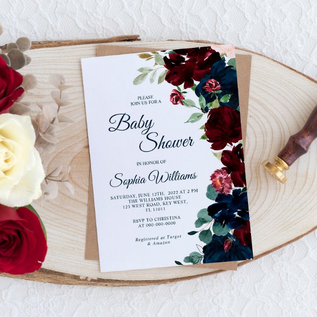 Elegante Burgundy & Navy Blue Flowers Babydusche Einladung (Von Creator hochgeladen)