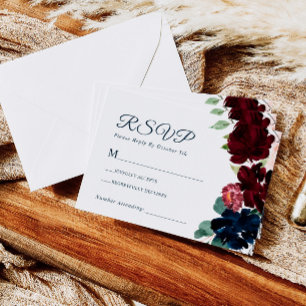 Elegante Burgundy & Navy Blumen Hochzeit RSVP Karte