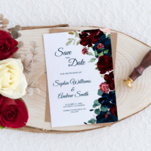 Elegante Burgundy & Navy Blumen Save the Date