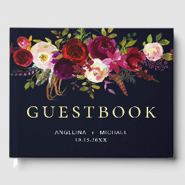 Elegante Burgundy Navy Bohemische Blumenhochzeit Gästebuch