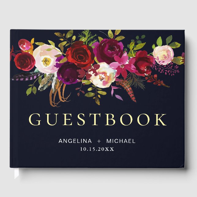 Elegante Burgundy Navy Bohemische Blumenhochzeit Gästebuch (Vorderseite)