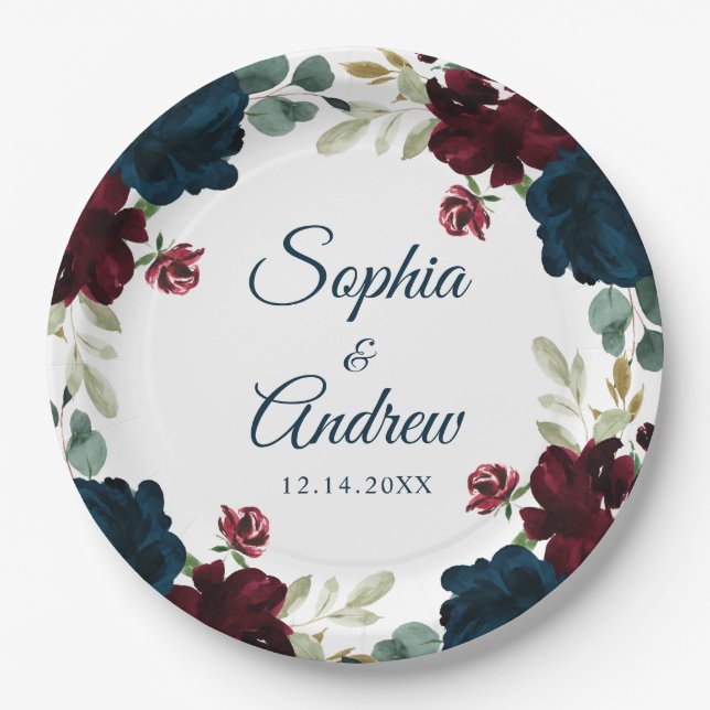 Elegante Burgundy & Navy Rustic Wood Wedding Pappteller (Vorderseite)